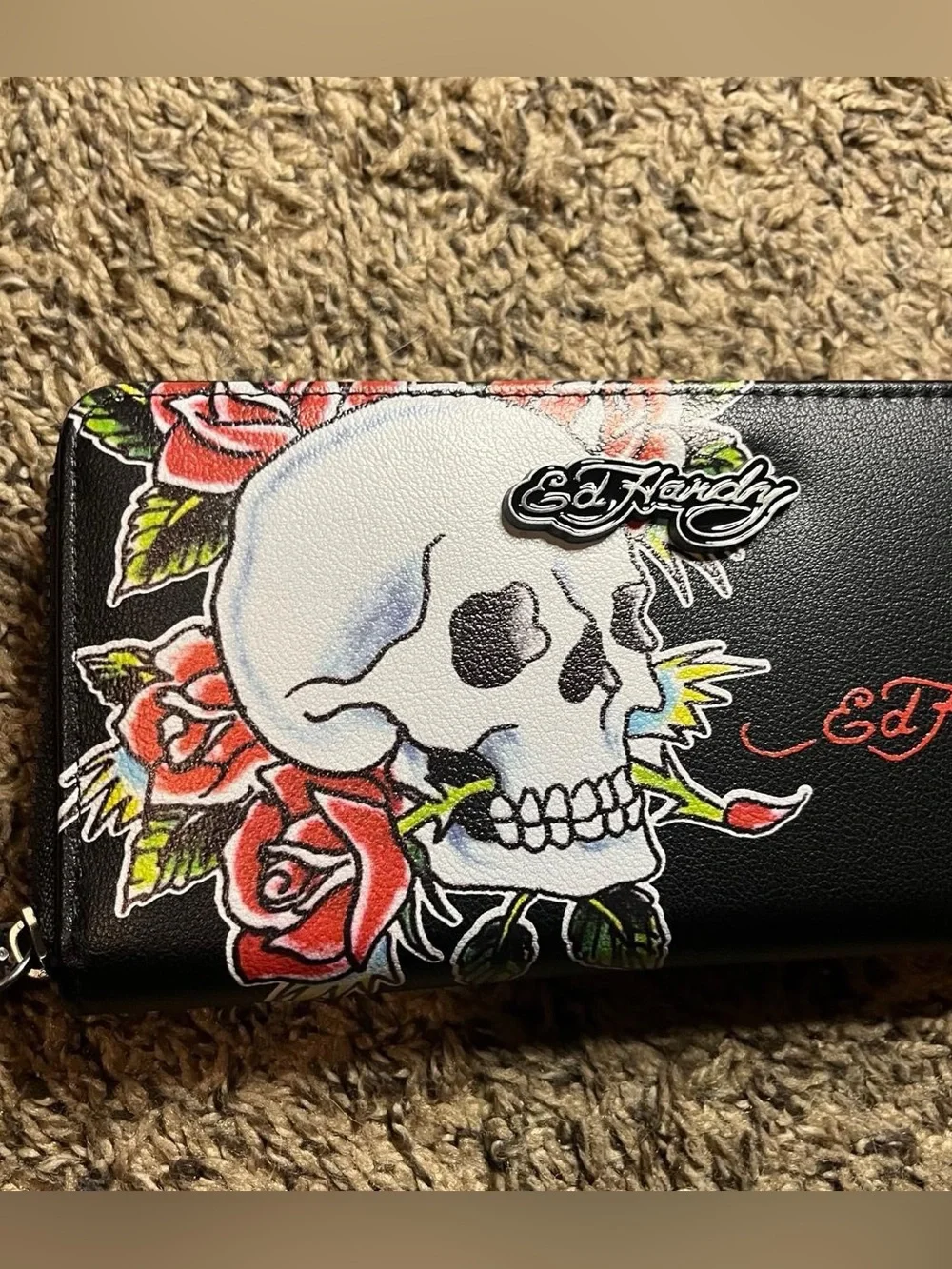 Ed Hardy Black Wallet with Skull & Red Rose Graphic